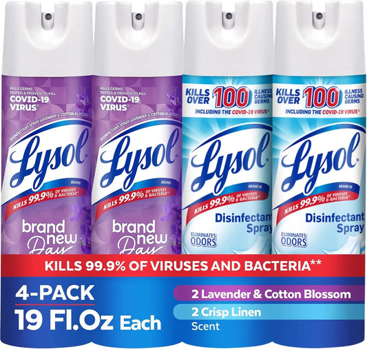 Lysol Disinfectant Spray, Sanitizer, Crisp Linen & Lavender, 19 oz, 4 Pack