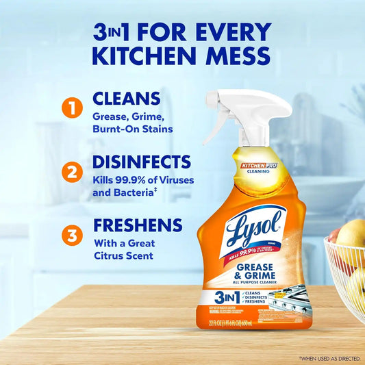 Lysol All Purpose Kitchen Cleaner Spray, For Grease & Grime, 22 oz, 2 Pack